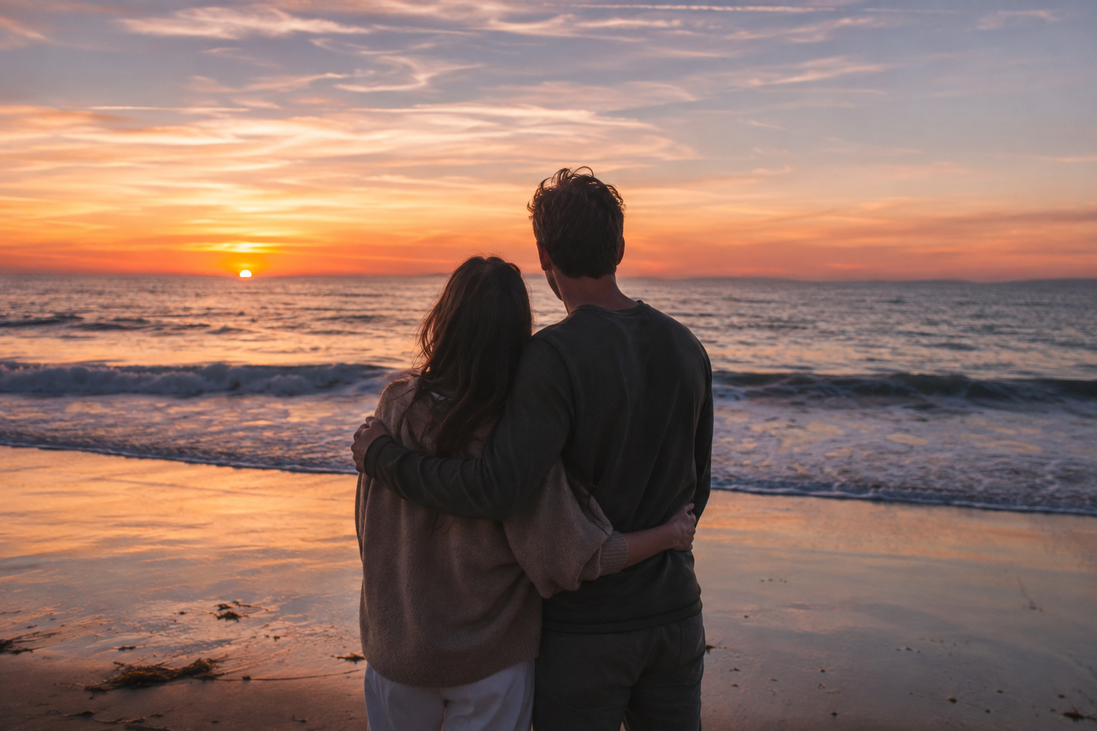 A couple standing together at the shoreline at sunset, arms around each other, watching the sun go down over the water.